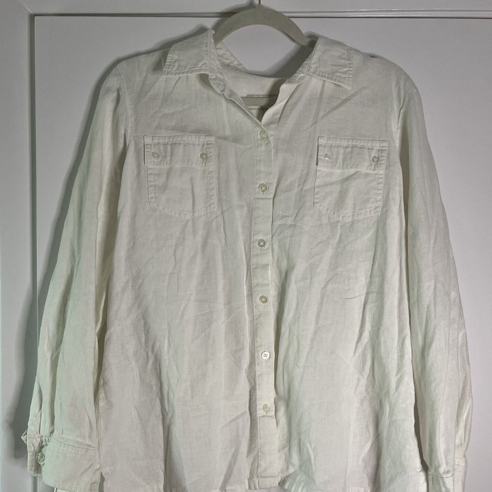 Jones New York White 100% Linen Button Sleeve Relaxed Fit Top Large Cottage